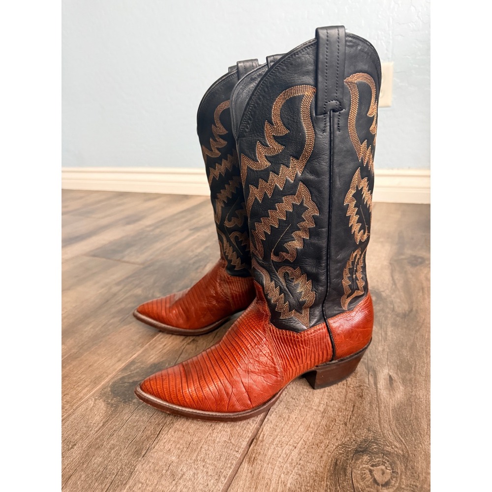 Panhandle Slim Womens VTG Western Lizard Leather Stack Heel Boots,Cognac Black,9
